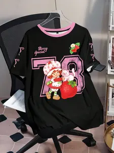 Strawberry Shortcake Plus Size Women Cartoon Print Round Neck Short Sleeve Casual T-Shirt