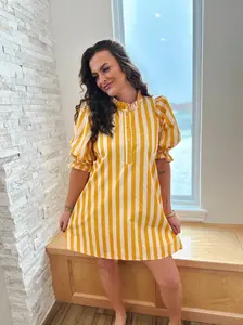 Entro Yellow Striped Ruffle Neck Cotton Dress