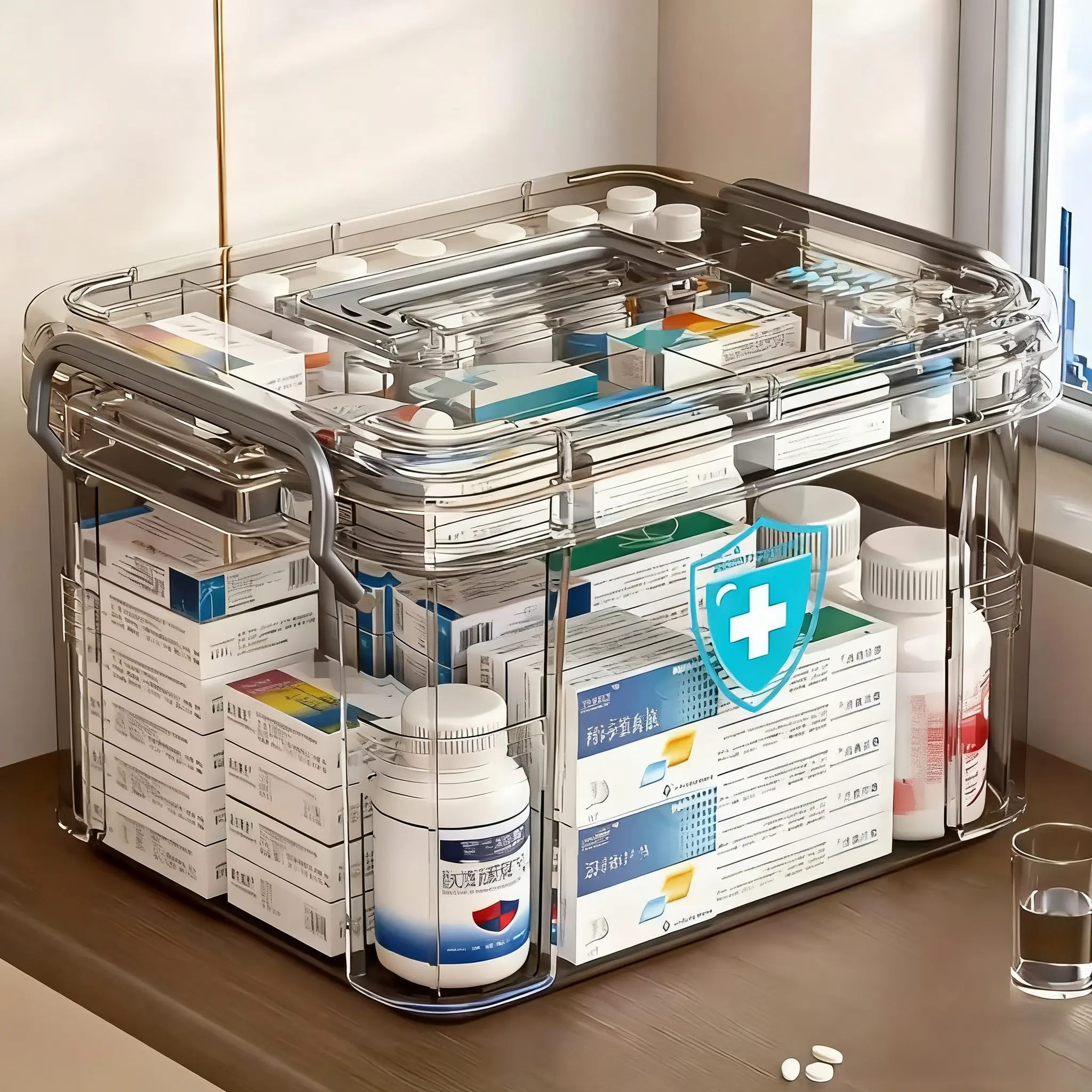 Durable Double-Layer Medicine Storage Box with Handle, Portable, Durable Plastic Organizers, Transparent Waterproof Design, Easy-Open Lid for Home Or Travel Use, Multiple Compartments for Organizing Emergency Supplies And Medications