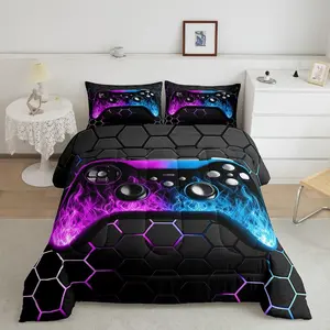 Gamer Bedding Sets,Gaming Comforter,Blue And Pink Gamer 3D Video Game All Season Soft Game Geometric Quilted Gamer Comforter Sets