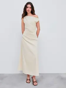 Cider Asymmetrical Neck Solid Ruched Maxi Dress