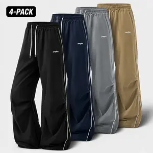 4Pack Men's Wide Leg Track Pants, Side Stripe Elastic Waist Loose Fit Joggers, Streetwear Casual Pants | 1 / 3 / 4-pacs