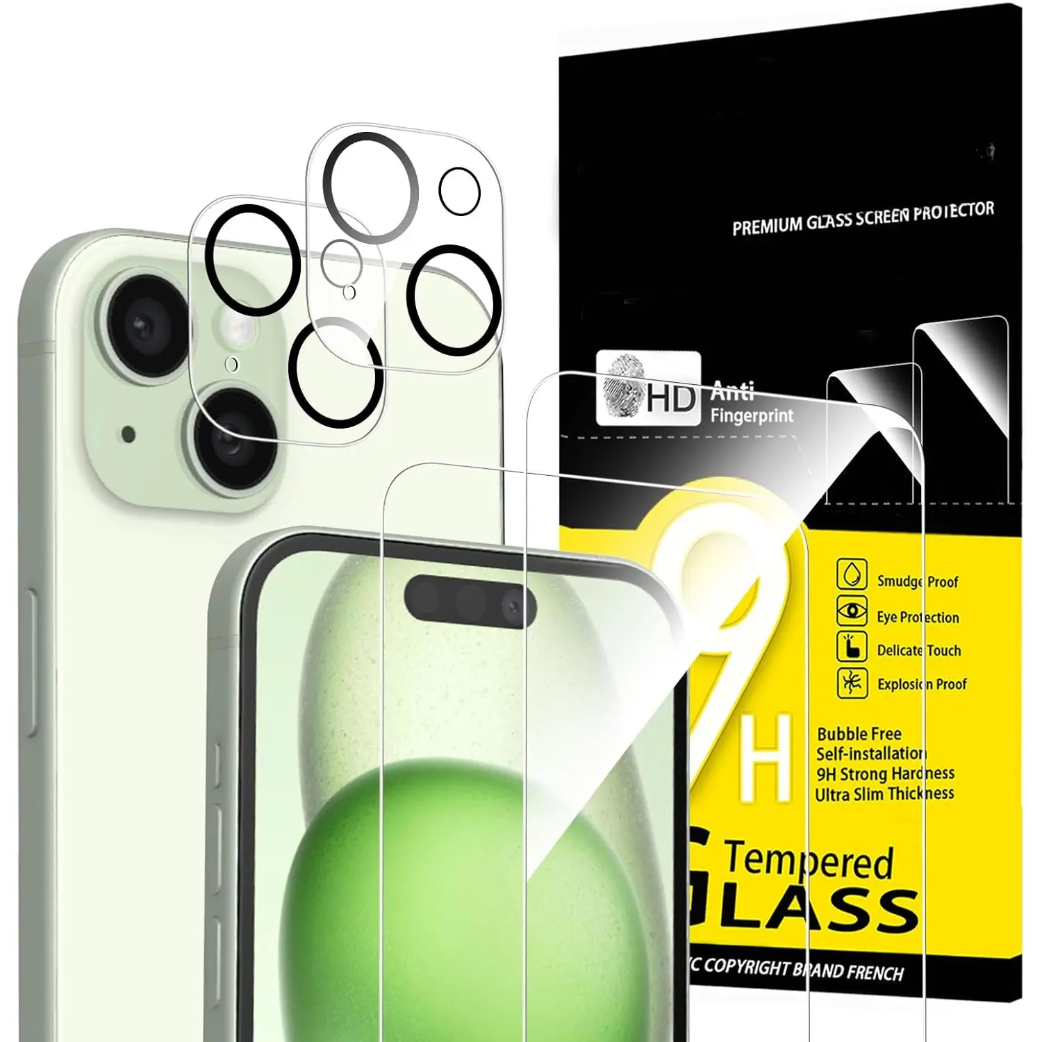 4 Pack, 2 Pack for  15 Screen Protector (6.1 inch) + 2 Pack Camera Lens Protector, Sensor Protection,Case Friendly Tempered Glass Film