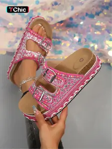 Women's colorful beaded woven platform sandals with adjustable double buckle straps, rhinestones, open toe, thick sole, suitable for beach vacations, everyday versatile casual slippers