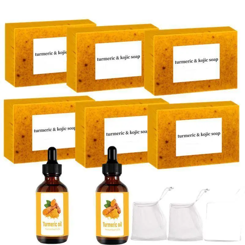 Turmeric Soap & Essential Oil Set, Including 6 Counts Turmeric Soap & 2 Counts Essential Oil &2 Counts Soap Saver Daily Skin Care Set for Men& Women