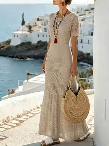 Boho Bohemian Hollow Out Knit Maxi Dress for Women Summer Beach Vacation Round Neck Short Sleeve Ruffle Hem Casual Flowy Long Dress for Holiday Resort Weekend Outfit Lightweight Breathable Crochet Dress for Spring Summer