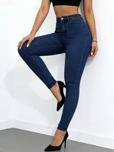 Lady's Basic High Elasticity Mid-Waist Lightweight Washed Slim Fit Skinny Jeans - Soft, Comfortable, All-Seasons Trousers, Pants for Women
