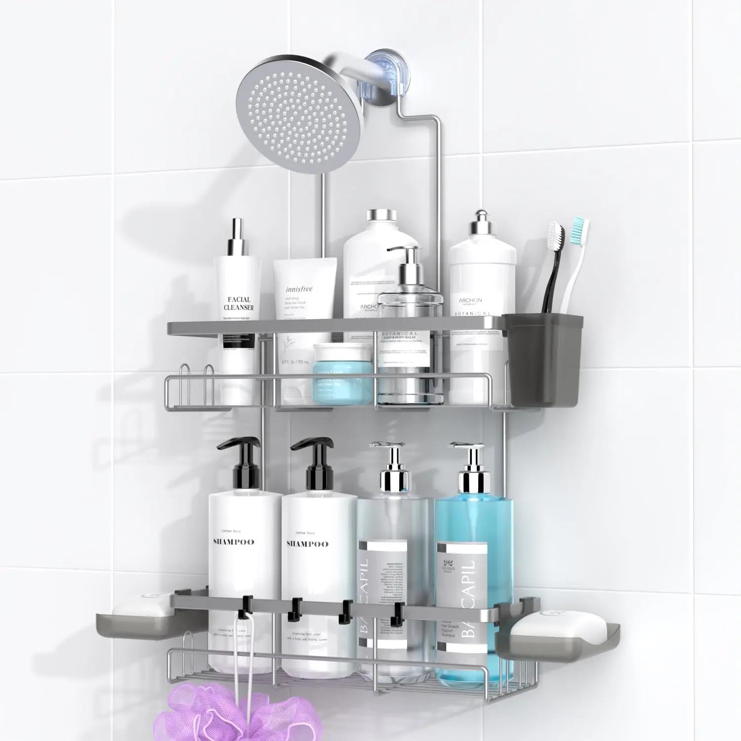 Rustproof Shower Shelf - Rustproof Bathroom Organizer for Inside Shower with No Drilling Over Showerhead, Includes Shampoo, Soap & Bath Accessories