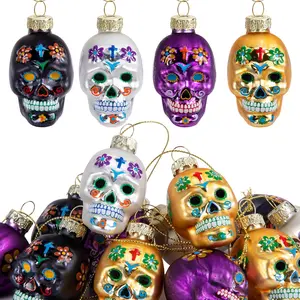 12 count Day of The  Glass Ornaments- Dia De Los Muertos Sugar Skull Decorations- Halloween  Skeleton  Ornaments for Parties Xmas Tree Decoration
