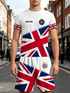 Summer Men's England Flag Print Set, British Union Jack Short Sleeve Shorts Two-Piece Set, with Pockets, Drawstring Waist, Gift Idea