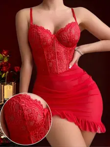 Sexy Bodycon Mini Dress Set, Nightwear, Babydoll & Thong, Asymmetrical Hem, Ruffle Trim, Sheer Lace Floral Print Design, All Seasons Wear, Slim