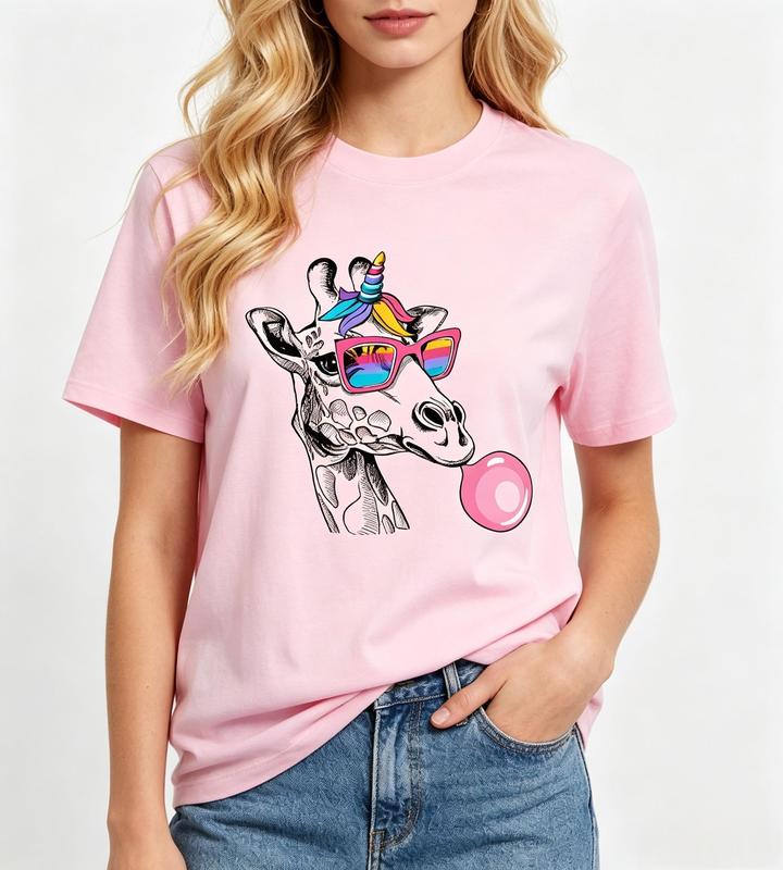 Women's Giraffe Unicorn Bubble Gum T-Shirt Pink Funny Rainbow Sunglasses Casual Short Sleeve Tee #sohochic
