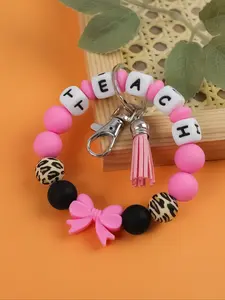 Fresh Sweet Style Beaded Wrist Keychain, Colorful Bowknot Leopard Print Silicone Beads, Teach Design, Teacher Gift, Back-To-School