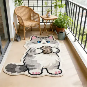Cute cartoon cat-shaped rug,1 PC Creative design irregular-shaped carpet,Balcony floor mat,bedside rug,Soft and fluffy plush foot mat,Beautiful home decoration,Suitable for balconies, bedside areas, living rooms, sofa areas, and relaxation corners.