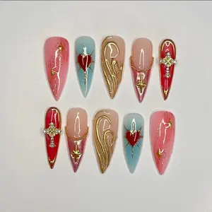 Elegant Red Heart Press on Nails 3D Gold Chrome Handmade Nails Art Gif For Wedding Party Holiday