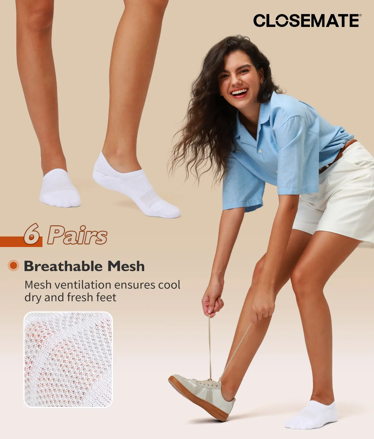 CLOSEMATE Women's No Show Cotton Blend Plain Socks - Anti-Slip, Ultra-Lightweight - 6 Pairs for Home, Fitness