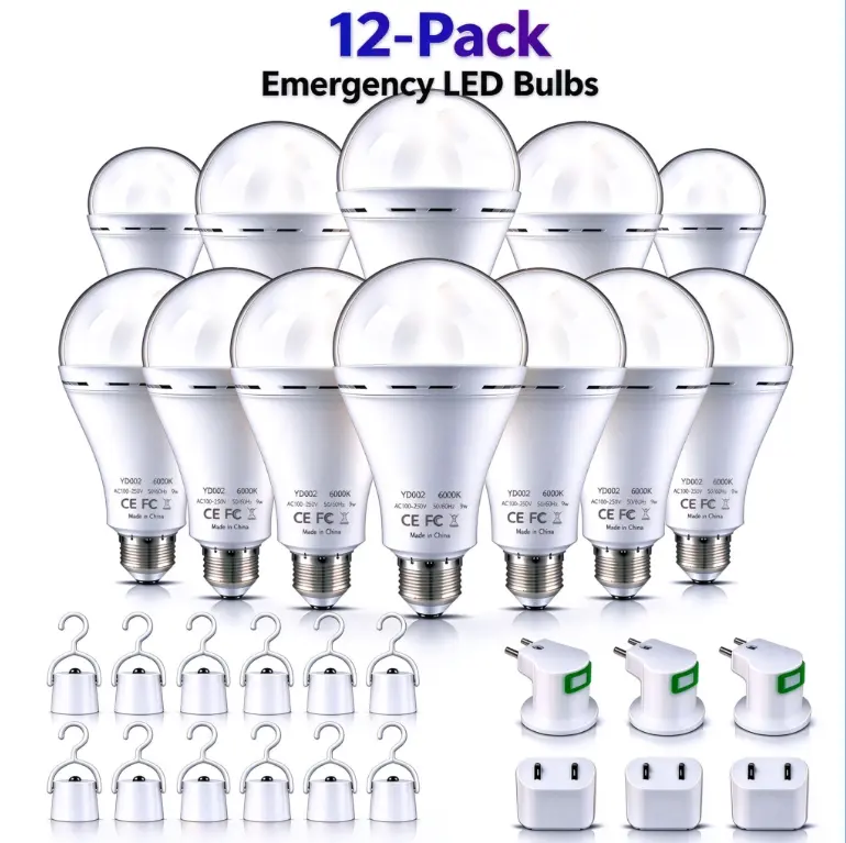 12 Packs Rechargeable Emergency LED Light Bulb A21 E26/E27, 9W 60W Equivalent 6000K Daylight, 2200mAh Battery, With 12 Hooks,3 Plug Cap,3 Socket Adapter, Works During Power Outage, Energy Saving Safety Light for Home Hurricane Blackout, Camping