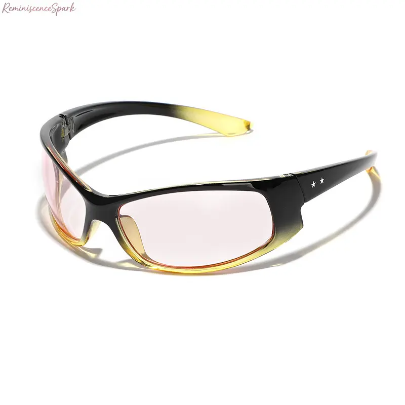 Y2K Style Wrap-Around Sunglasses, unisex star detail design. Full PC frame and lenses with UV400 protection, lightweight and suitable for cycling, outdoor activities and daily wear.