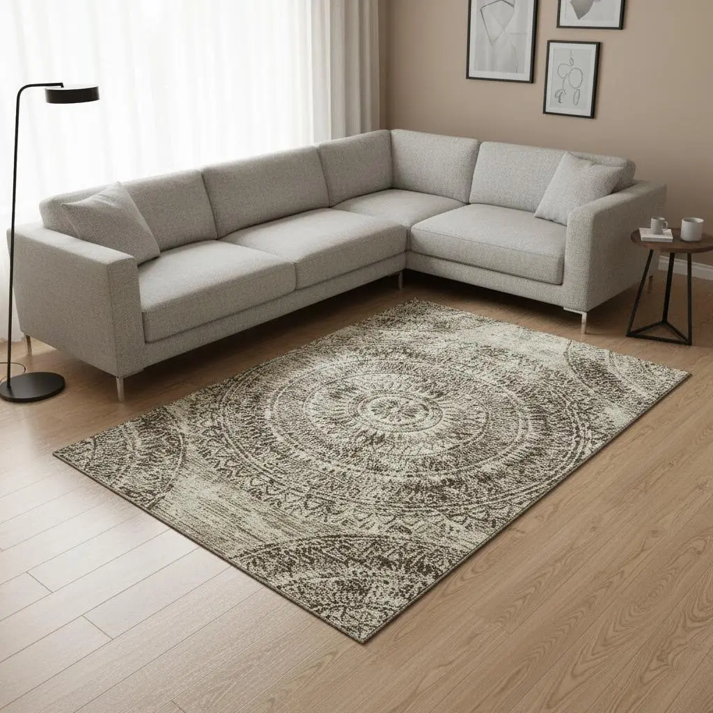 HomeRoots 644897 9 x 12 ft. Brown & Ivory Medallion Washable Machine Made Rectangle Area Rug with UV Protection