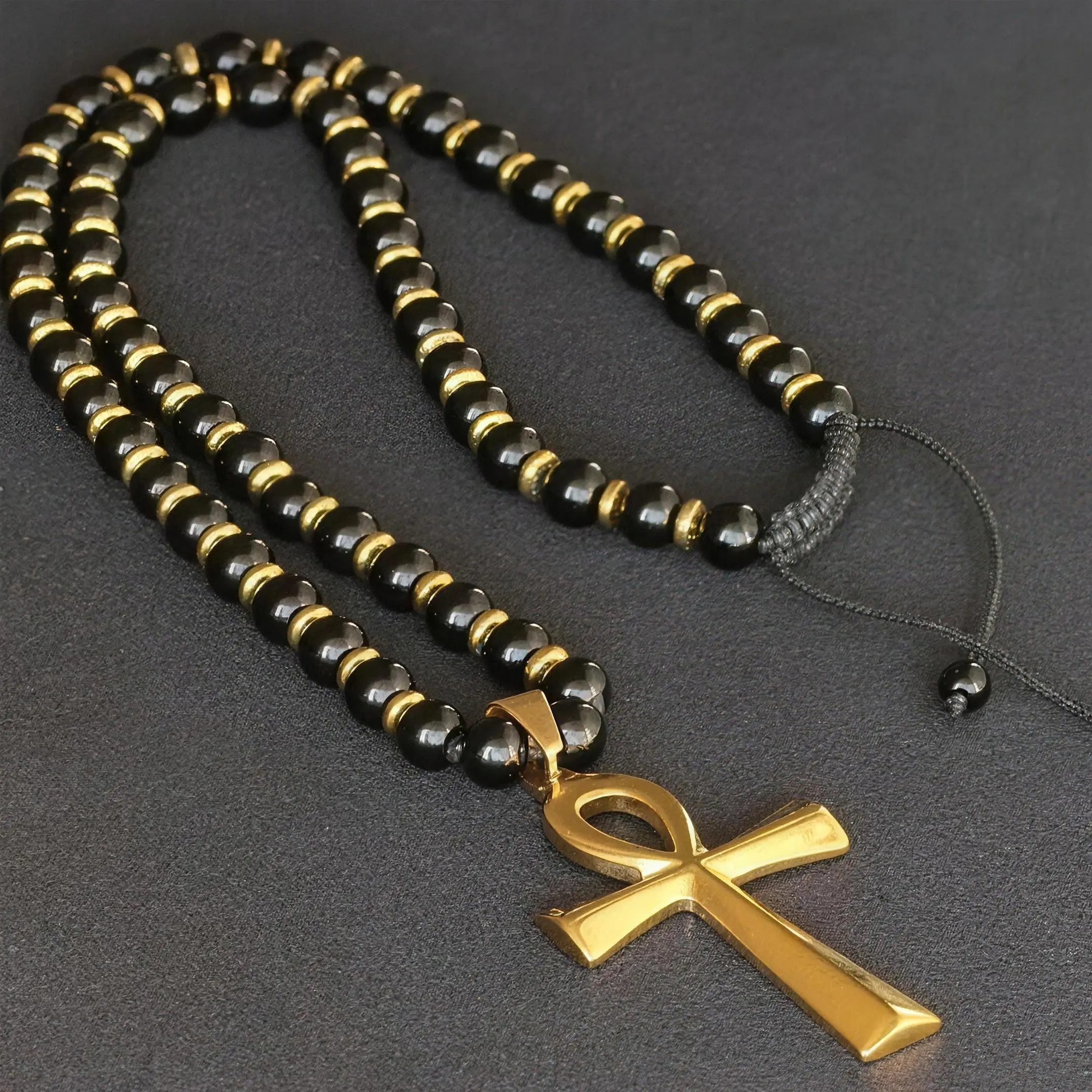 Unisex Egyptian Ankh Cross Beaded Pendant Chain - Natural Tiger Eye/Obsidian Gemstones, Adjustable Flexible Streetwear Punk Fashion Accessory Necklace for Casual Outfits