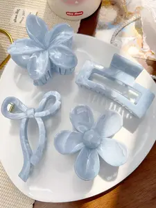 4pcs/Set Spring & Summer Bohemian Sweet Light Blue & White Mixed Marble Pattern Bow Daisy Flower Square Hair Claw, Beach Hair Accessories Claw Clips Hair Clips Hair Jaw Clip Hair Clamps Hair Clutch Hair Catcher Clip Autumn Winter for Vacation Outfits Wome
