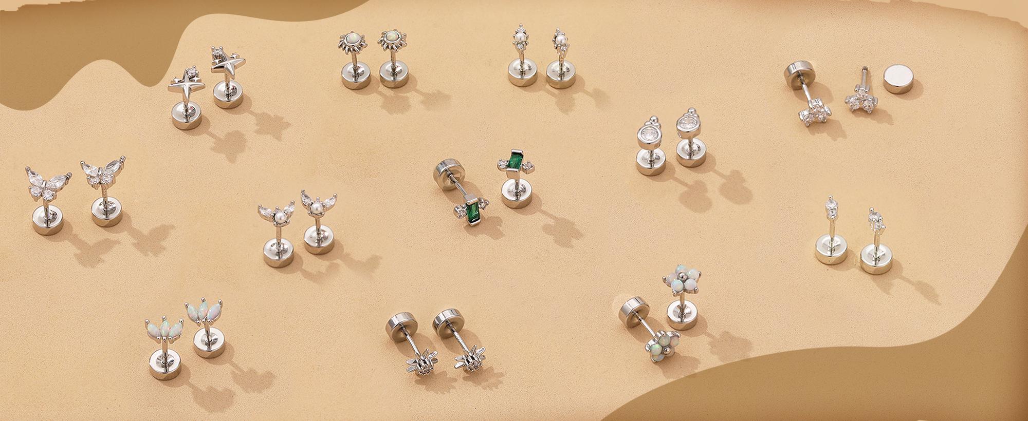 ORAZIO 925 Sterling Silver Flat Back Stud Earrings for Women Hypoallergenic 14K Gold Plated Cartilage Earrings for Sensitive Ears Small CZ Opal Conch Helix Tragus Piercing Jewelry 3 Pairs 20G