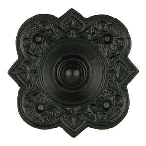Black Powder Coat Antique Doorbell Button – 3 3/4" x 3 3/4" Decorative Round Design, Cast Iron Construction with Recess Mount – Wired for Two-Wire Chimes, Weather Resistant, DIY Installation