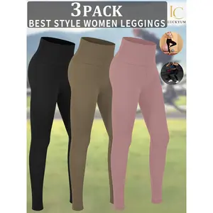 3-Pack Women's High-Waisted Tummy Control Leggings, 92% Polyester 8% Spandex, Solid Color, Long Style, All-Season Sports Leggings, Knitted Fabric, 190g/m², Suitable for Yoga, Fitness, Running