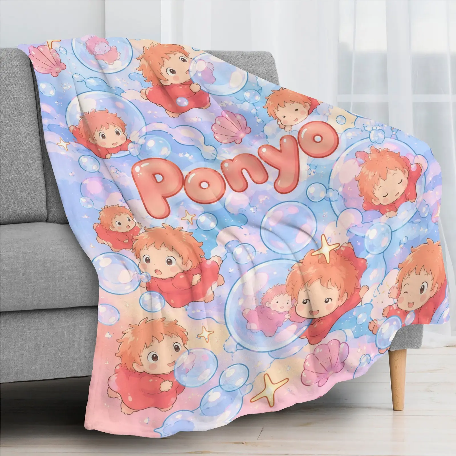 Ponyo Cartoon Printed Flannel Throw Blanket - Fuzzy Soft, Cozy, Warm Decorative Sofa Blanket for Bedroom, Travel, Giftable Home Textile, Cartoon Printed Blanket
