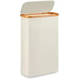 Slim Narrow Laundry Hamper with Lid 60L Dirty Cloth Hamper with Bamboo Handle for Toys Towels Clothes Organizing Beige