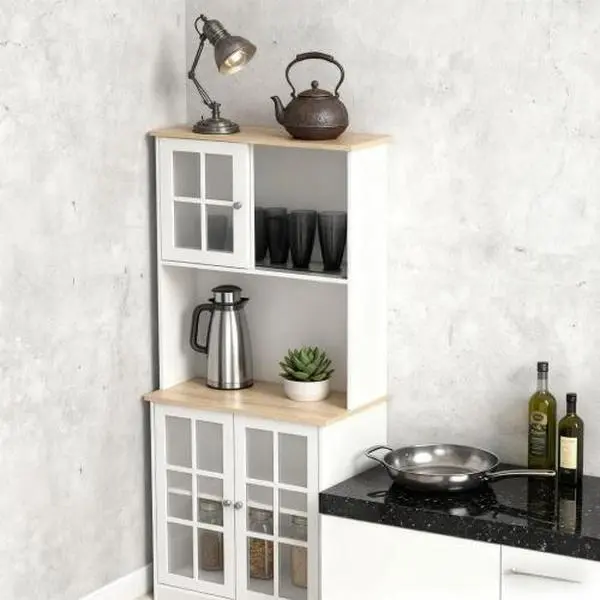 Bellemave Large Freestanding Countertop Kitchen Pantry Cabinet with Hutch, Glass Doors and Adjustable Shelves