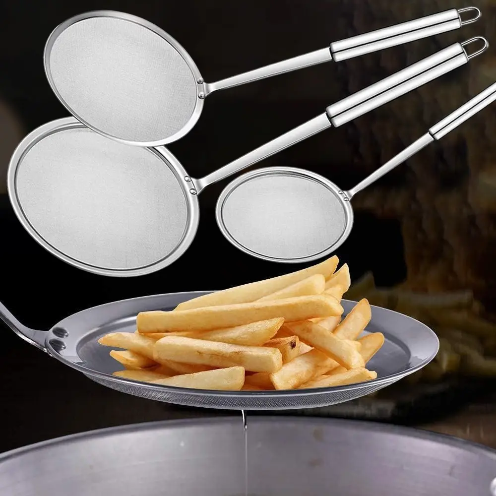 3Pcs Stainless Steel Kitchen Strainer Tool Set - Hanging Fine Strainer, Hot Pot Fat Skimmer Spoon, Multi-Size Mesh Shape Food Colander Kitchenware for Cooking Oil Grease Removal, Fine Mesh Strainer