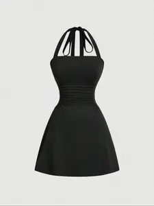 Women's Solid Ruched Tie Back Halter Dress, Casual Fashion Sleeveless A Line Short Dress for Summer, Women's Dress for Beach Holiday
