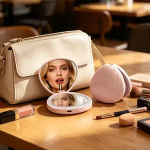 INMTFEI 2-in-1 LED Makeup Mirror with 5X Magnification &  Portable Charger, Compact Shell Design for Travel