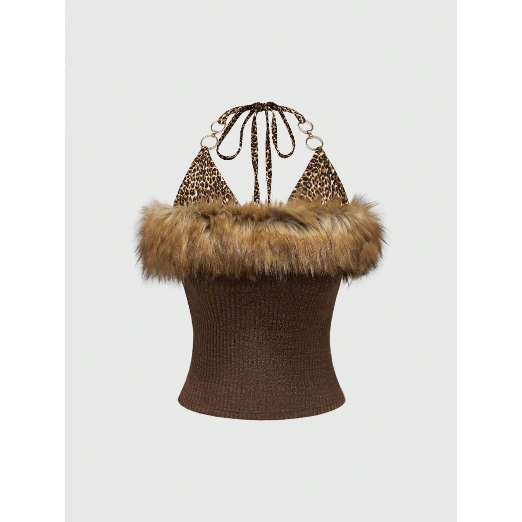Faux Fur Leopard Halter Tops Metal Ring Tie Back Y2k Concert Top