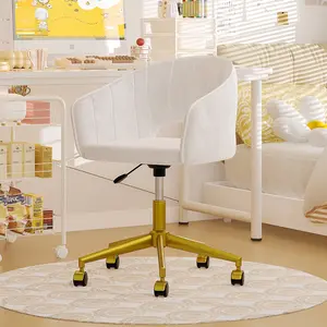 VECELO Home Office Chair Height Adjustable Swivel Vanity Chair with Wheels, Upholstered Desk Task Accent Armchair Computer Chairs with Gold Metal Base