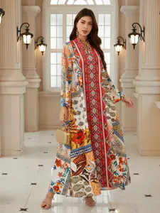 Women's Floral Embroidered Long Robe, Dubai Style Kaftan Evening Dress, Ramadan Eid Festival Abaya with Rhinestones, Elegant Traditional Wear