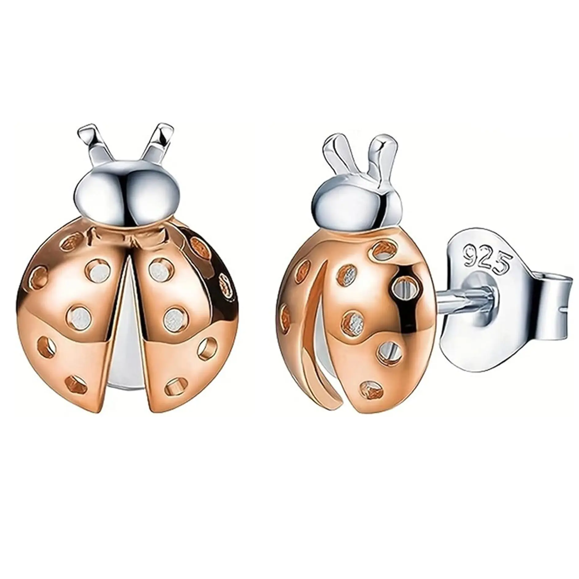 Women's 925 Sterling Silver Ladybug Stud Earrings, Rose Gold-Plated 2-Tone Insect Jewelry, Minimalist Girly Feminine Fashion Gift for Girls, Girly Feminine Jewelry