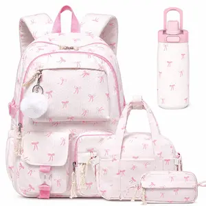 Similove Corduroy Floral Backpack for Girls, 3-Pocket Kawaii 3/4PCS Toddler Bookbag with Lunch Bag&Pencil Case&Water Bottle, Lightweight Casual Daypack for Preschool Travel