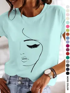 Casual Women's T-Shirt, Hand Draw Face Graphic Print, Round Neck Short Sleeve Printed Top , 2-Way Layering/Solo Wear ,Spring Summer & Year-Round Commute-Ready