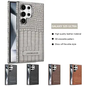 Fin Business Crocodile-Patterned Leather Magsafe Case For Samsung Galaxy S25 S24 Plus S23 Ultra Luxury Folding Stand Flannel Lining
