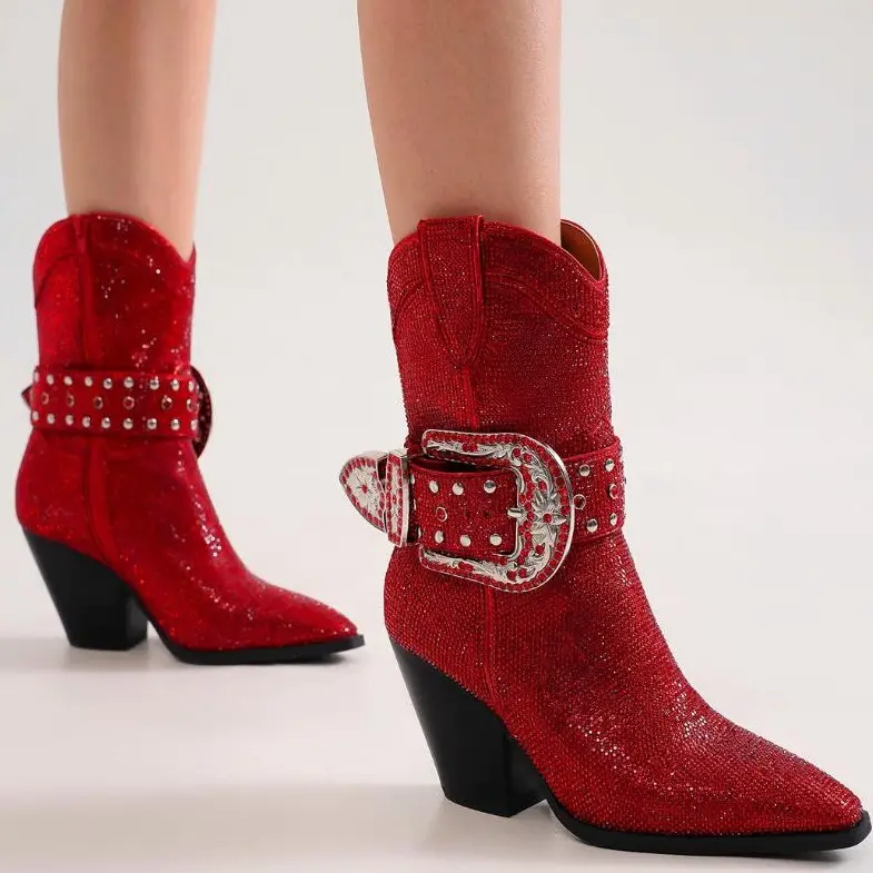Women's Mid-Calf Pointed Toe High Heel Fashion Boots - Rhinestone Buckle, Stacked Heel, Side Zipper Footwear for Party, Daily Wear, High Heels