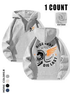 Men's Edgy 'RIDE FAST DIE LAST' Biker-Themed Half-Zip Hoodie with Bold Skull & Wing Graphic & Attitude-Driven Slogan, Stylish Warm Casual Style Outfit, Ideal for Motorcycle Rides, Relaxed Casual Hangouts & Edgy Lifestyle Occasions