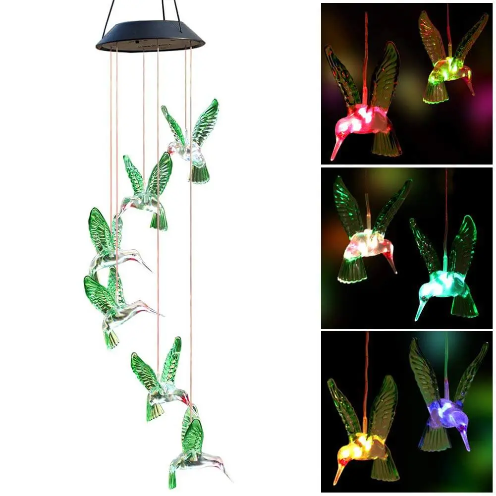 The House of Awareness Colorful Solar Six Hummingbird Wind Chimes ABS PVC Plastic LED Lights 600mAh Battery 8 Hours Working Time Outdoor Decor