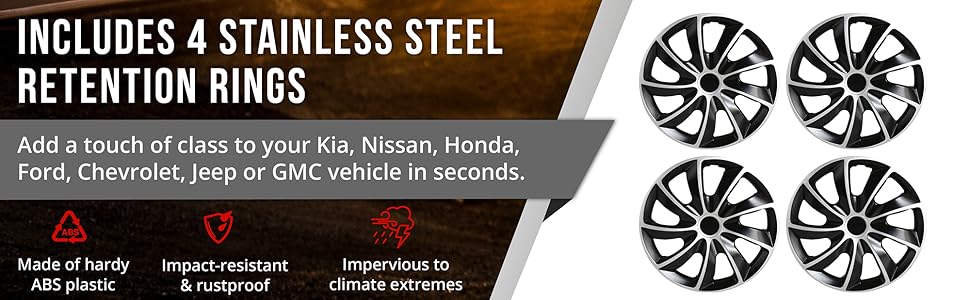 Universal Wheel Covers Set of 4, Snap-On Hubcaps for Steel Rims, Car Wheel Rim Covers Black and Silver