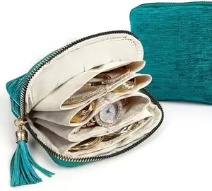 Jewelry Organizer Case for Travel: 5-Layer Velvet Zipper Pouch Bag for Bangles Link Bracelets Storage Protect from Tangle Scratch (Peacock Blue)
