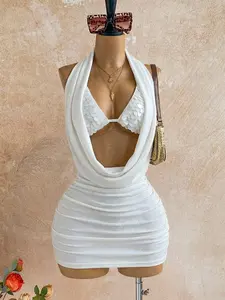 Rogue FlameWomen's Sequin Halter Tie Waist Ruched Elegant Mini Dress For Dates & Parties