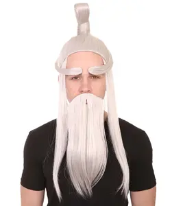 Adult Asian Martial Arts Master Wig Set for Men – Includes Beard and Eyebrows, Premium Breathable Capless Design - White