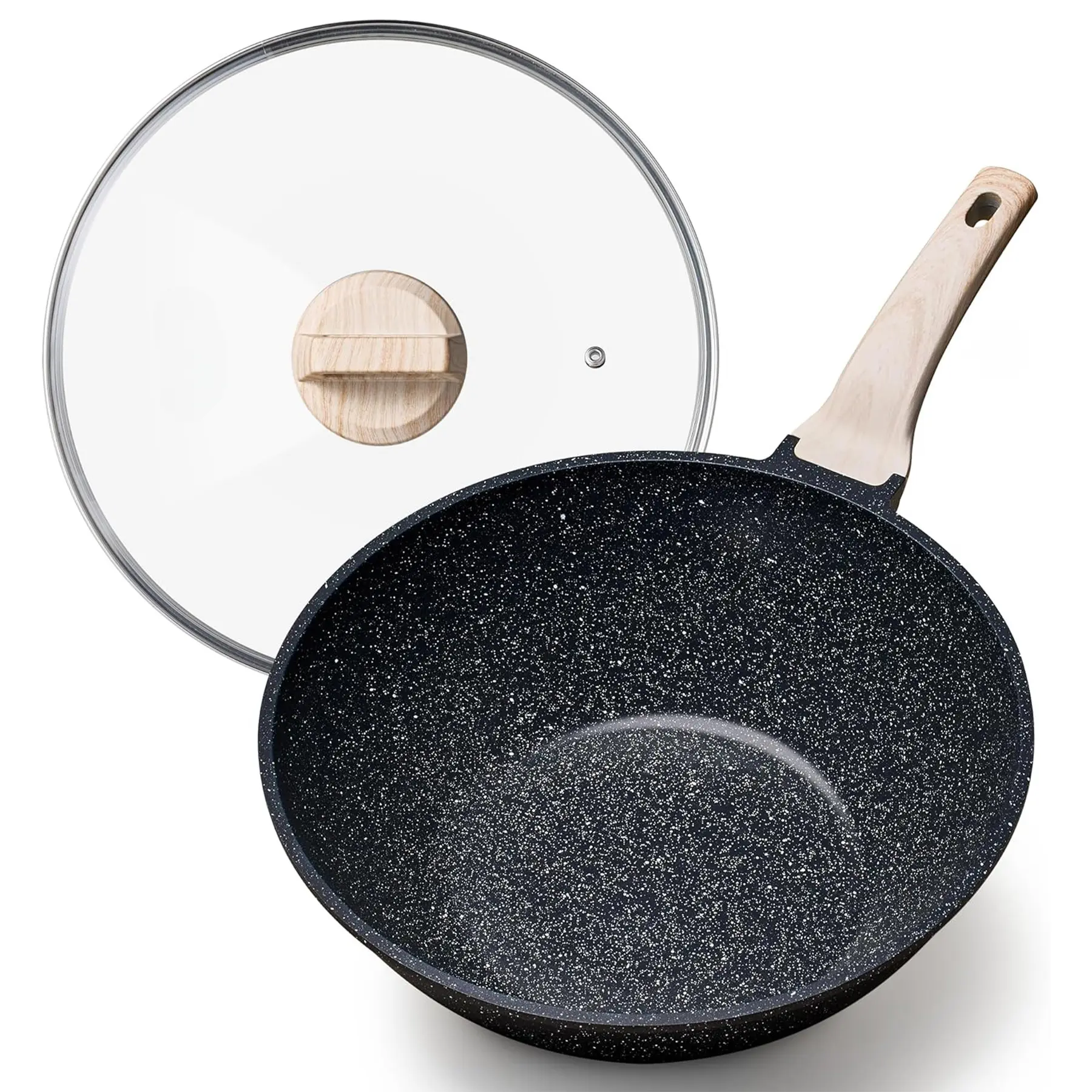 Non Stick Wok with Lid 12''/5.3QT Woks & Stir-fry Pans Nonstick Granite ...