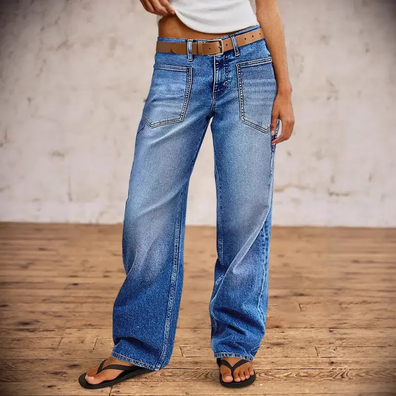 Women's 2026 New Arrival High-Waisted Elastic Plain Retro Straight-Leg Cotton Jeans - Button Front, Pockets, Preppy Minimalist Streetwear Basics for Halloween, Holiday, Everyday Wear, Pants for Women - Hang Dry Bottoms